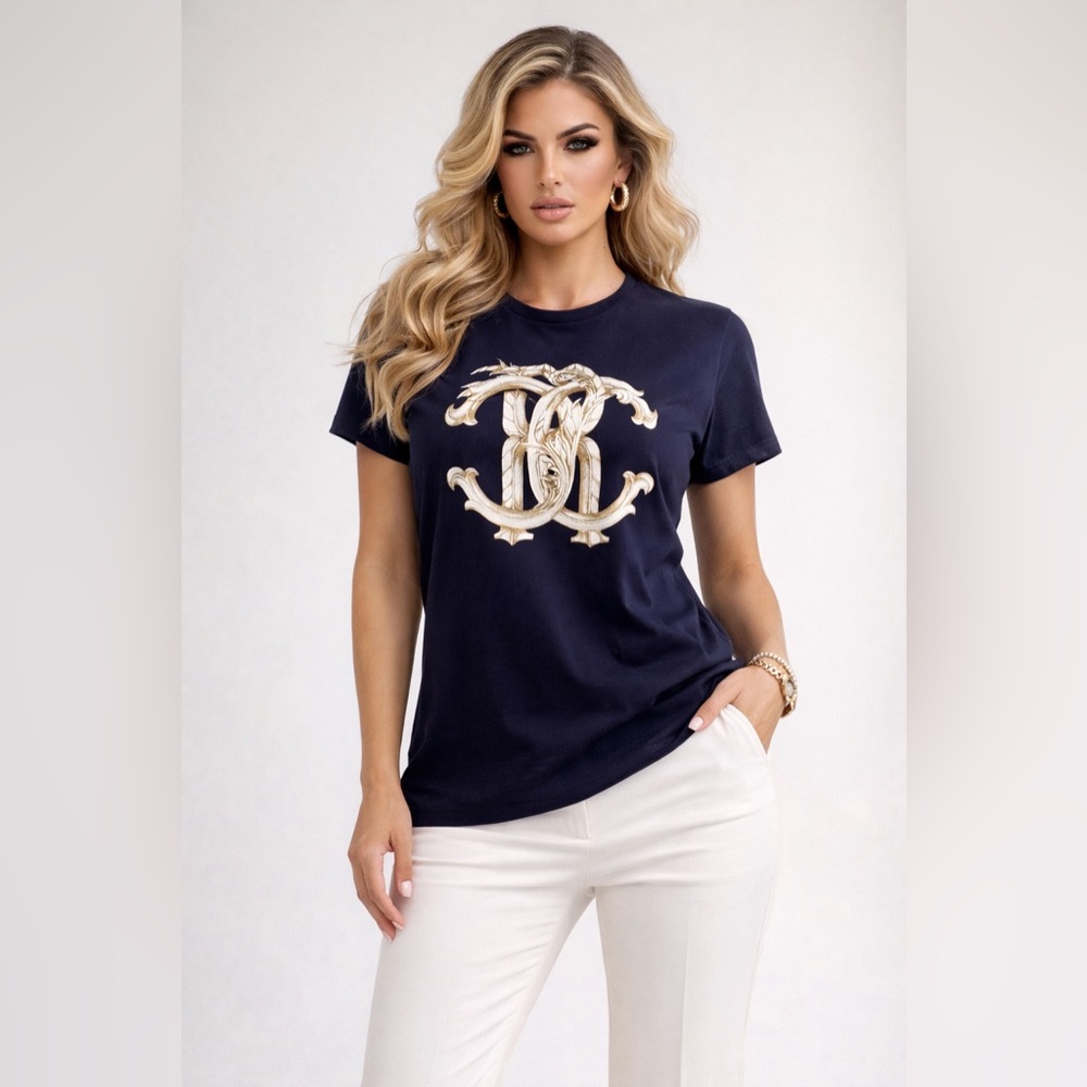 Roberto Cavalli Navy RC Monogram Logo Stretch T Shirt M Italy Baroque Graphic